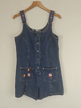 Vintage 90s Floral Embroidered Denim Romper Cottagecore Momcore Y2K Vibes